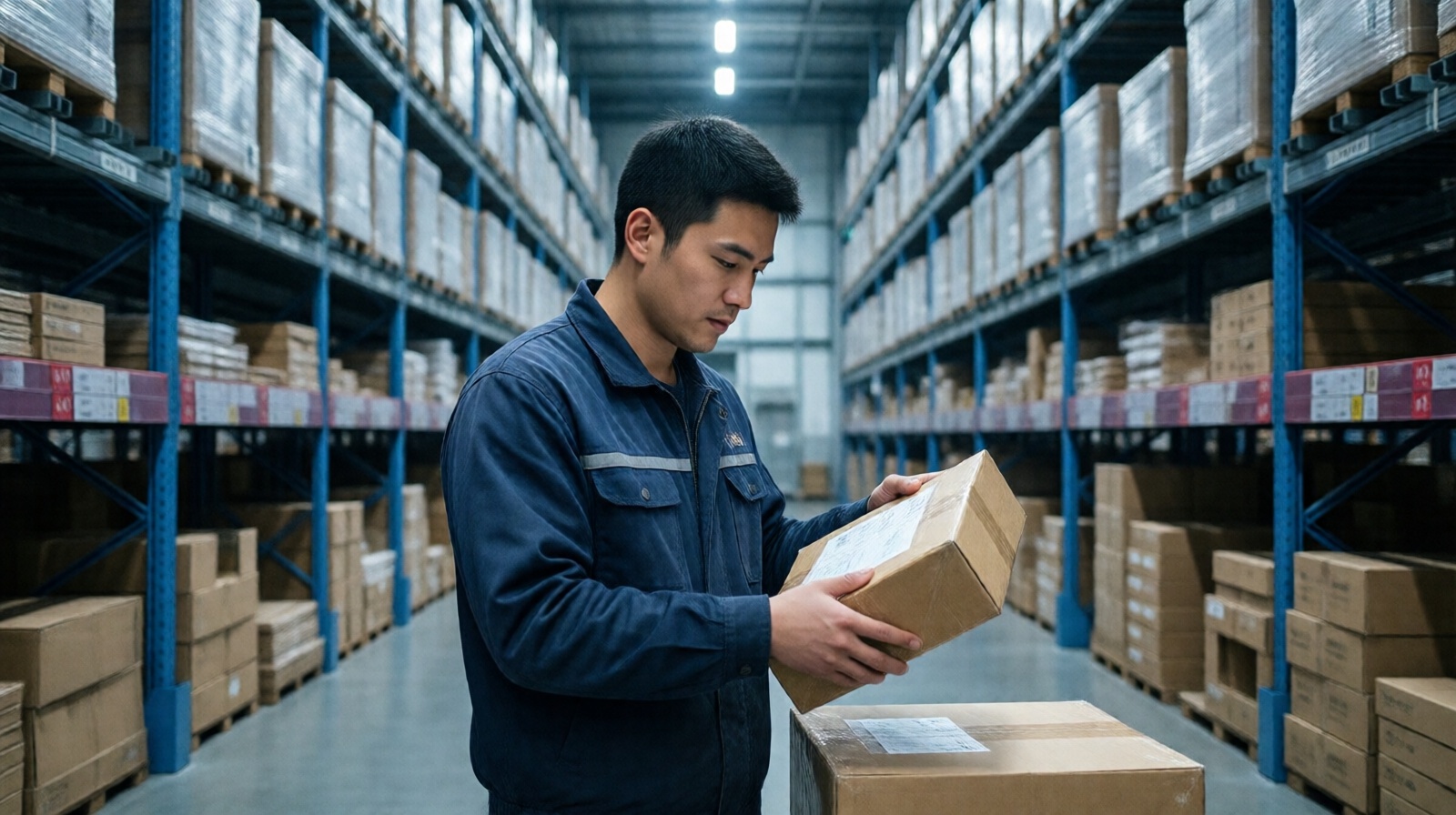 Worker scanning a package in a Chinese e-commerce fulfillment center, showing automated shelving and inventory management.