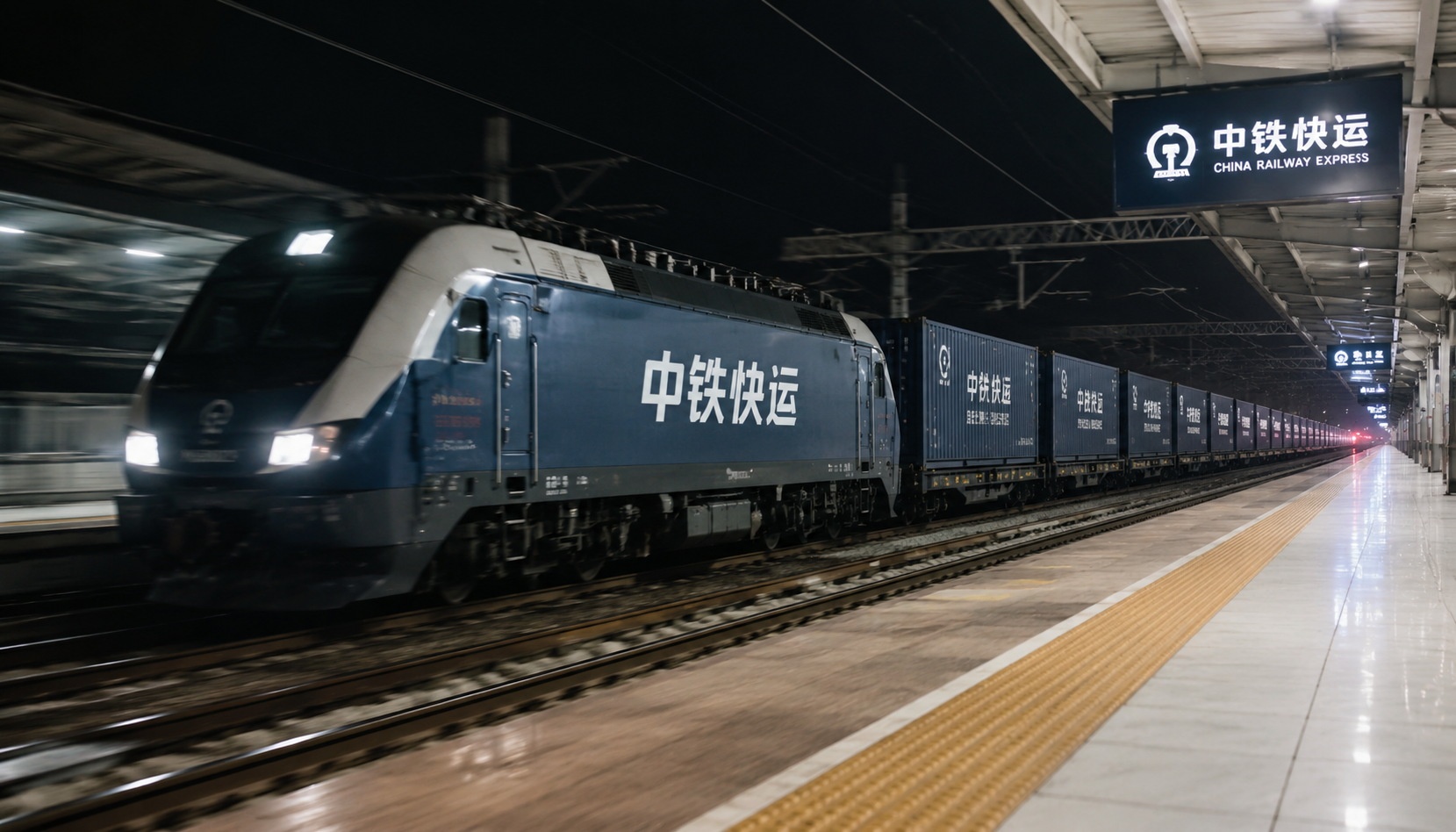 High-speed parcel train at a Chinese railway station at night, carrying containers for overnight cross-country delivery.