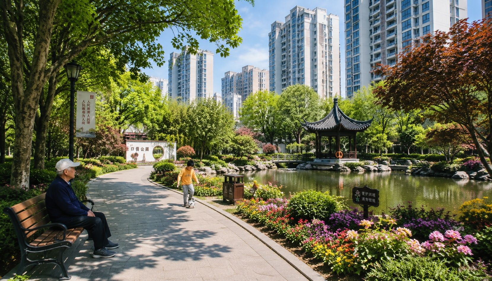 Pocket park in Shanghai with flower beds, path, and benches, used by residents for morning stroll.
