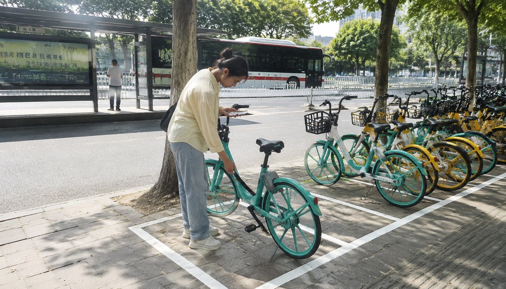 Young woman parking a shared bike inside a painted white rectangle on a sidewalk in Chengdu, with other bikes neatly parked