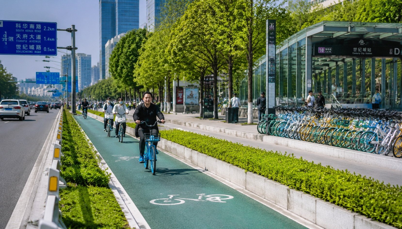 Dedicated blue bike lane separated from car traffic in a Chinese city, with cyclists and a shared bike parking zone near a subway exit
