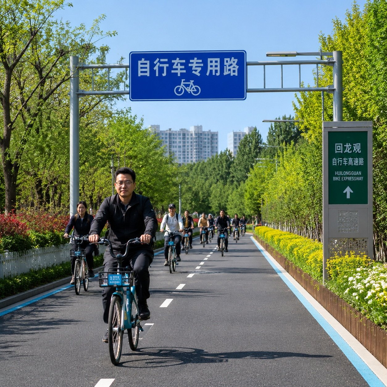 Cyclist on Beijing's dedicated bike expressway connecting Huilongguan and Shangdi, with overhead sign and many riders