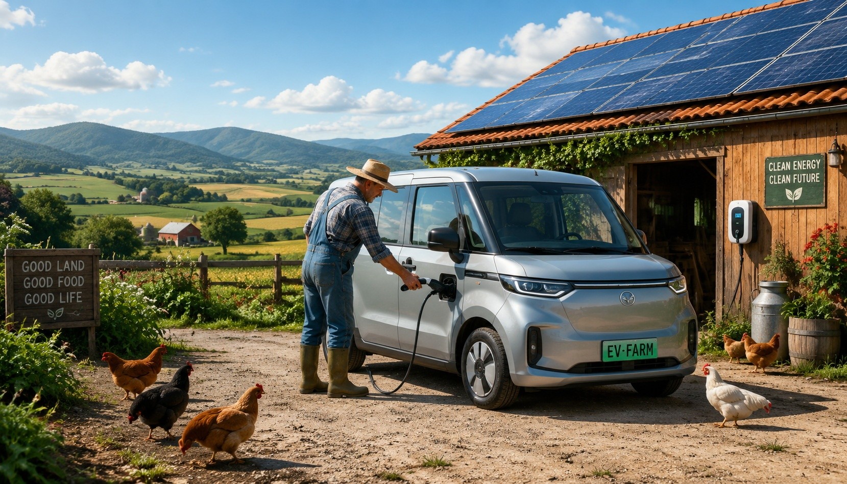Farmer charging an electric minivan in a Chinese village courtyard using a home EV charger