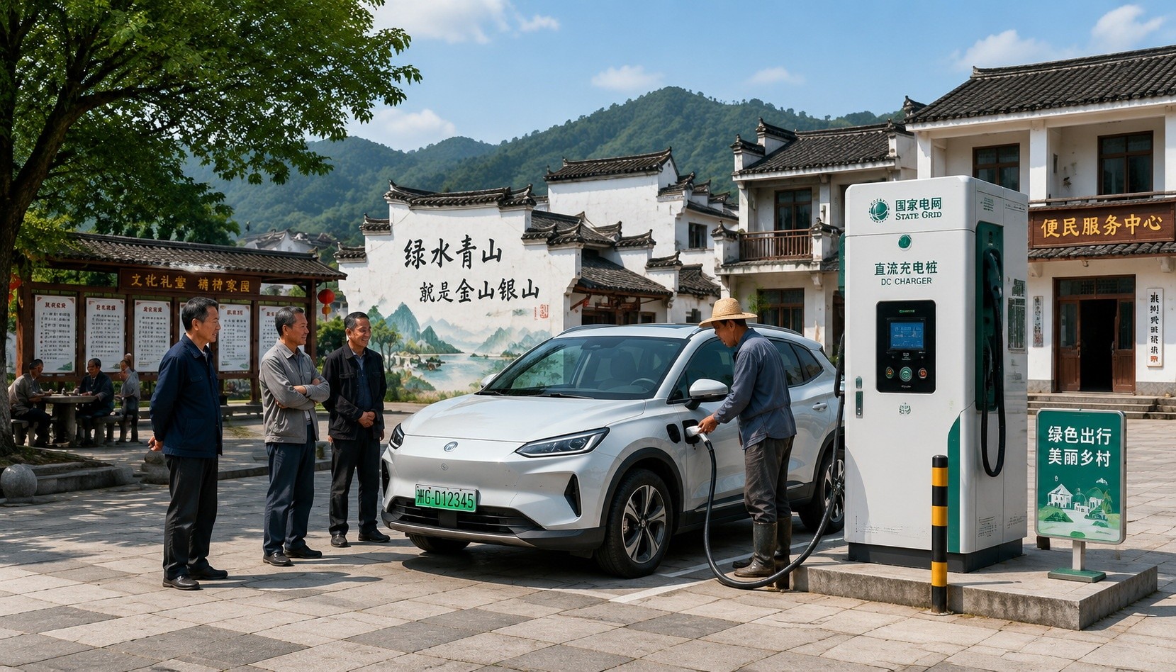 Public DC fast charger in a Chinese village in Zhejiang province used by a rural EV owner