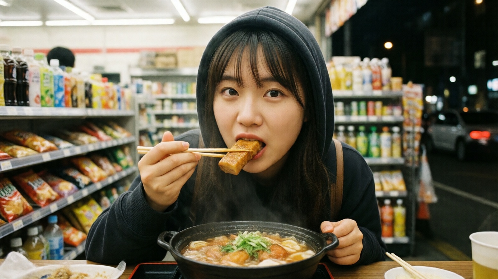 Young woman eating hot oden at a Chinese 24-hour convenience store counter late at night