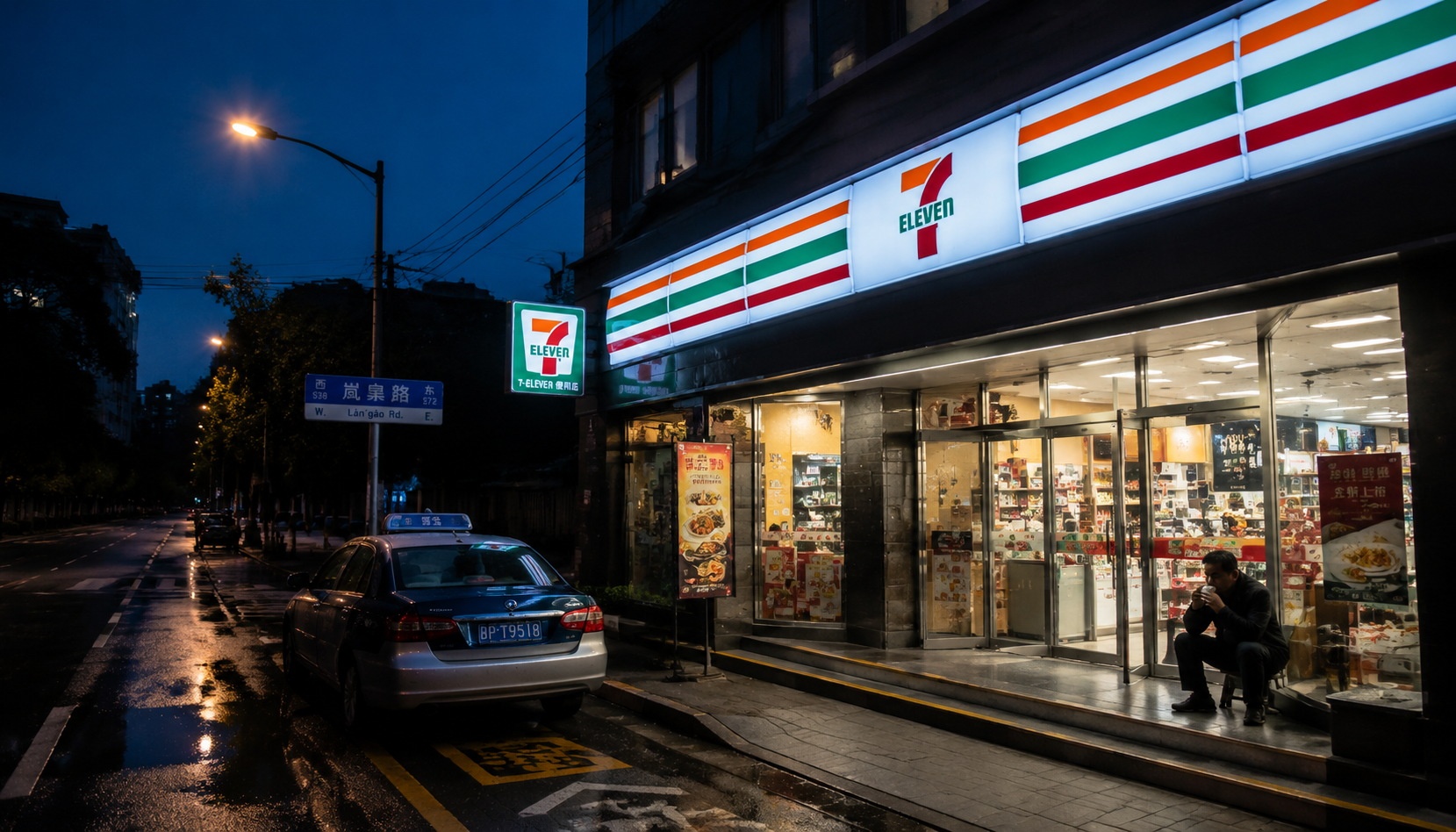 7-Eleven convenience store exterior at night in China with taxi driver taking a break
