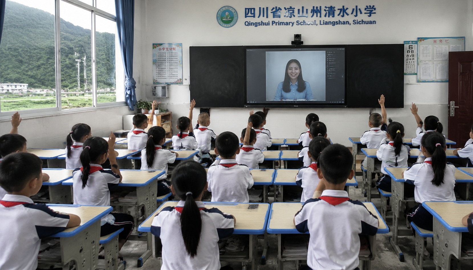 Students in a mountain primary school in Sichuan attending a live online English class via a 5G-powered screen, with a teacher visible on screen.