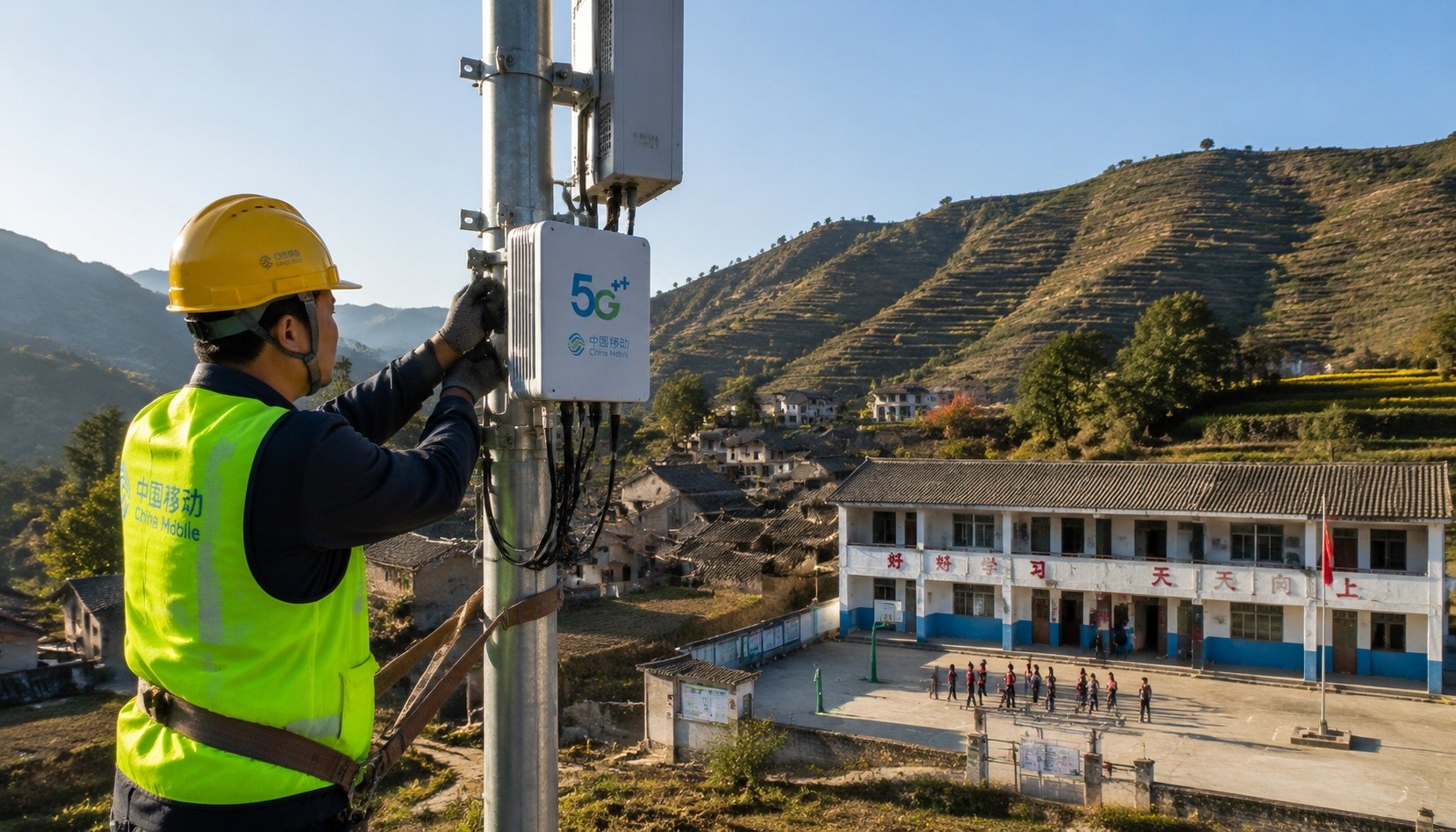 Technician installing a 700MHz 5G base station in a remote Chinese mountain village, with a primary school in the background.