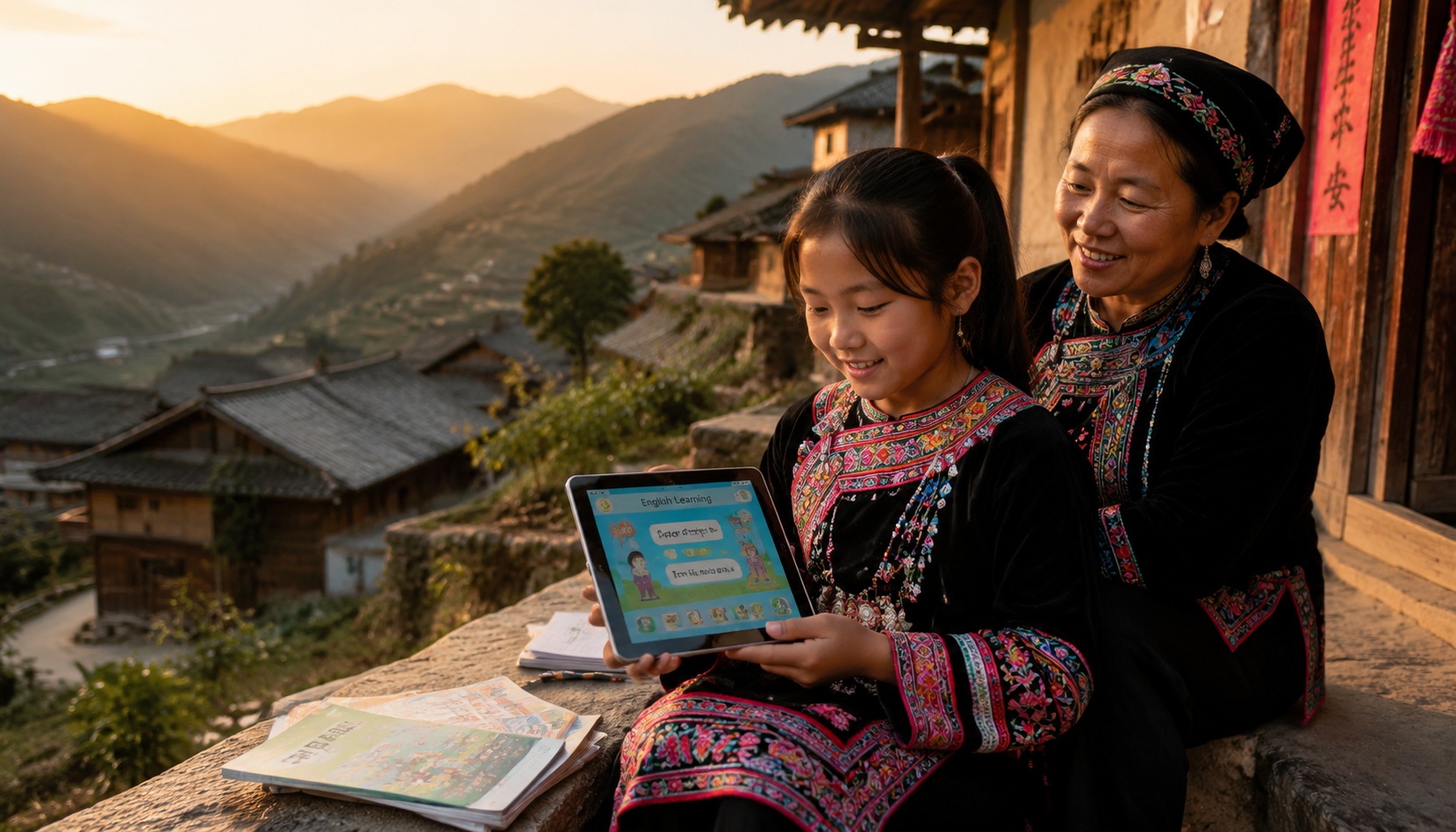 Yi ethnic student in a remote Sichuan village practicing English on a tablet after school, with her mother watching nearby.