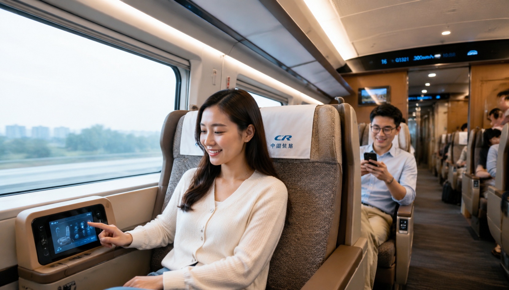 Interior of a modern Chinese Fuxing high-speed train with passengers enjoying comfortable seats and technology.