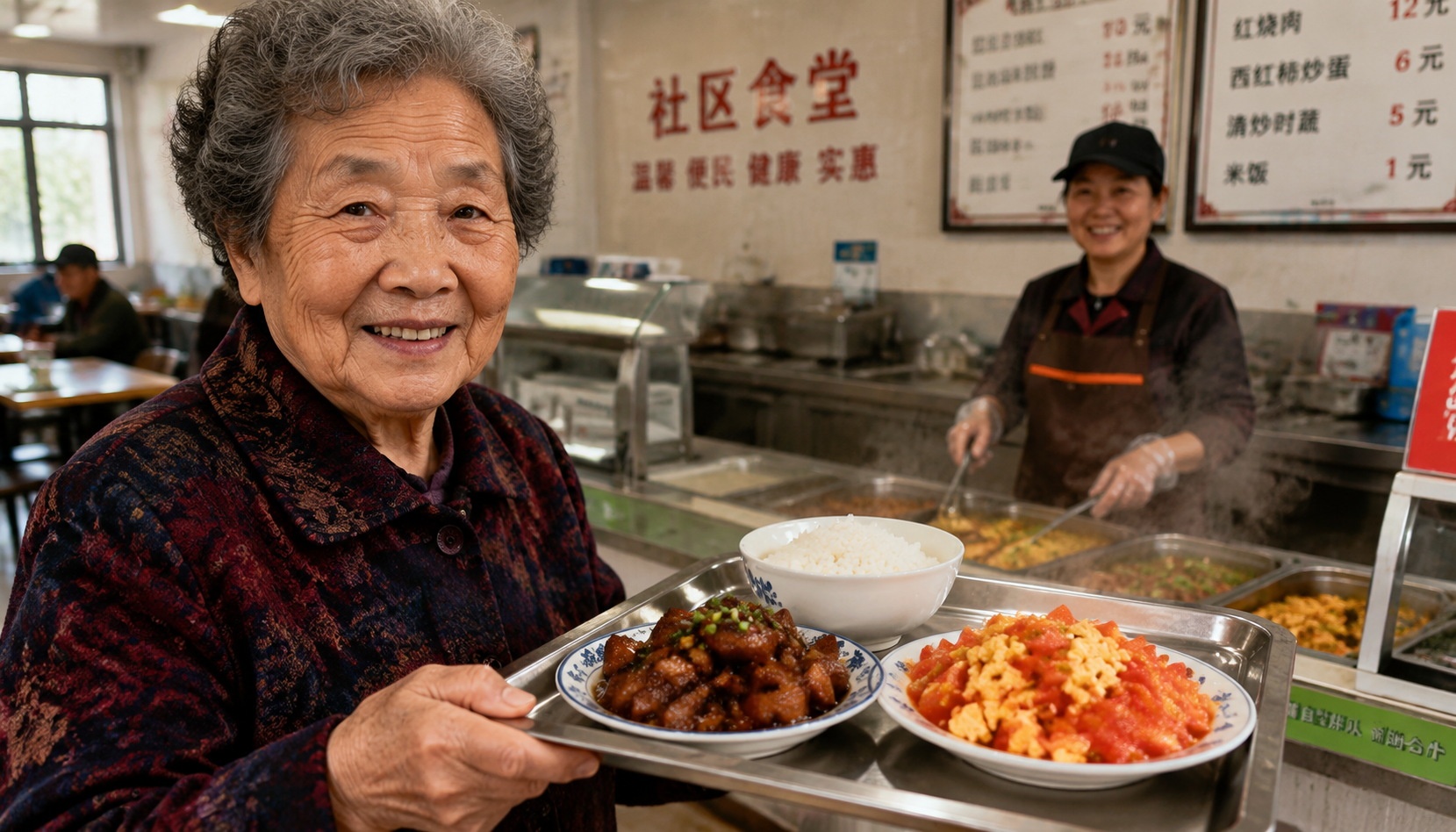 Senior woman selecting food at community canteen in China, tray with traditional dishes