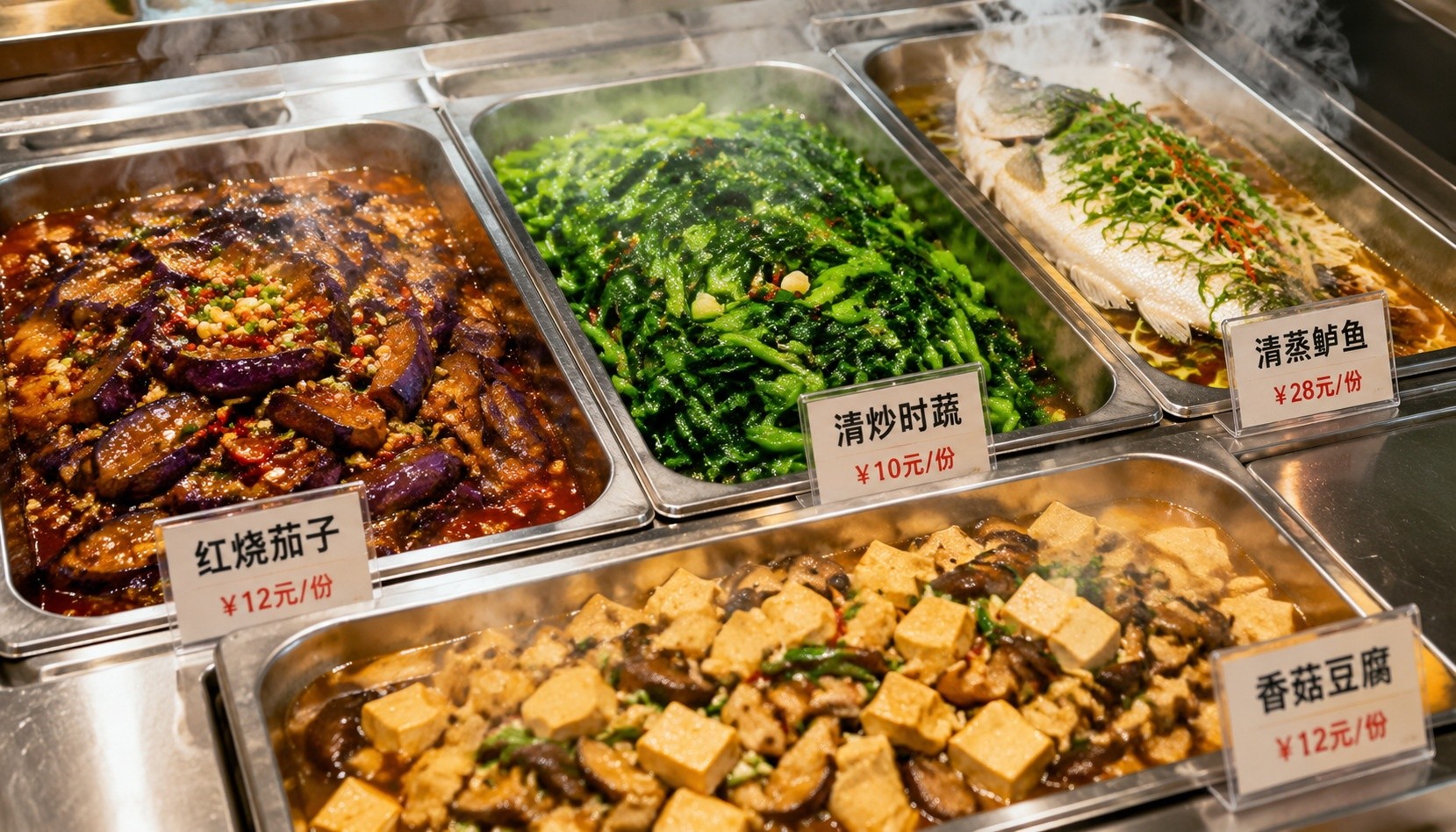 Selection of Chinese home-style dishes at a community canteen steam table