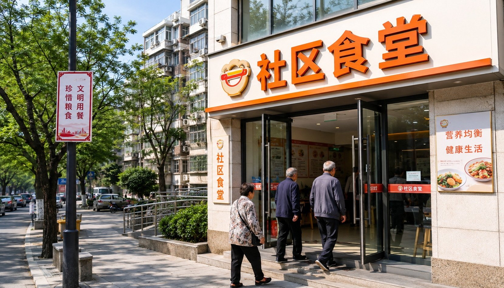 Exterior of a community canteen in a Chinese residential neighborhood
