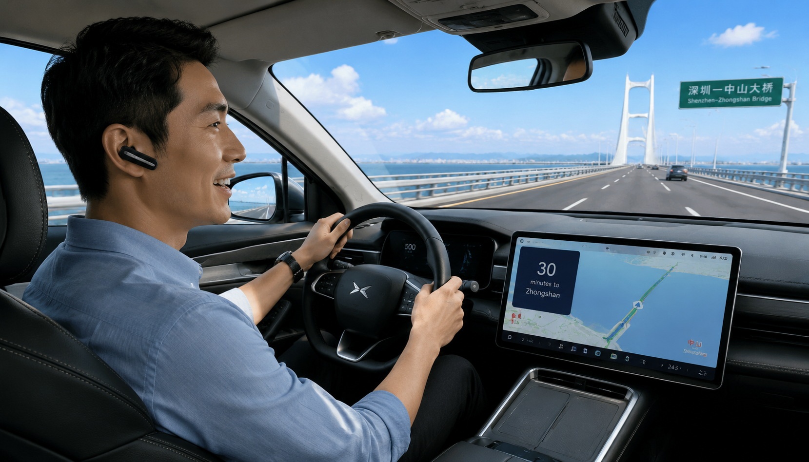 A man driving on the Shenzhen-Zhongshan Bridge, smiling while talking on the phone, with navigation showing 30 minutes to Zhongshan.