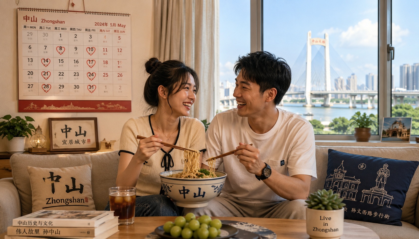A couple in Zhongshan sharing noodles at home, with a calendar full of hearts and the Shenzhen-Zhongshan Bridge visible through the window.