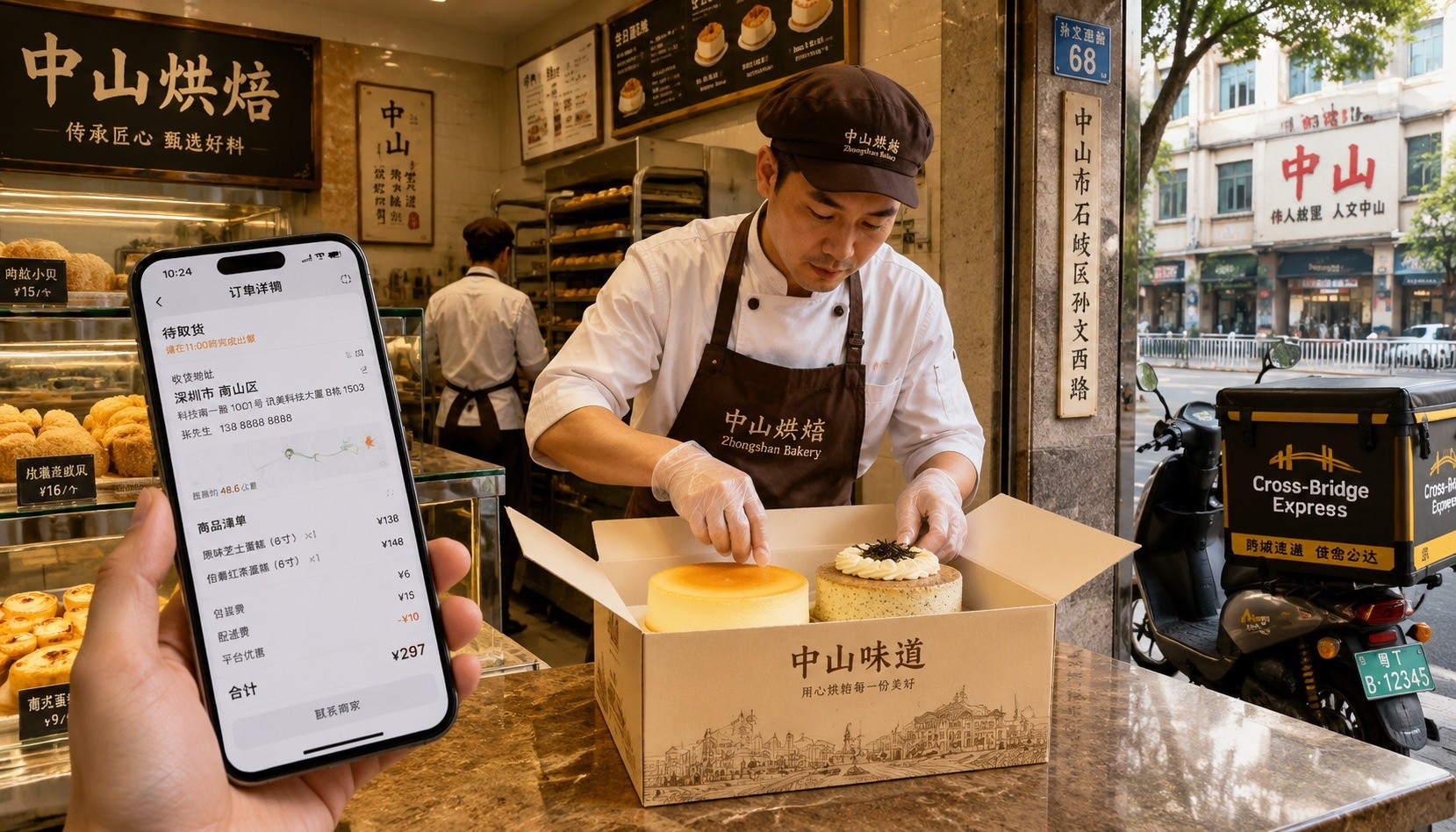 A bakery in Zhongshan packing cakes for delivery to Shenzhen across the new bridge, with a delivery scooter outside.