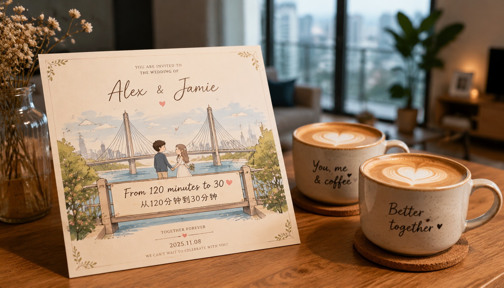 A wedding invitation card with a cartoon bridge illustration and the caption 'From 120 minutes to 30', next to coffee cups with heart latte art.