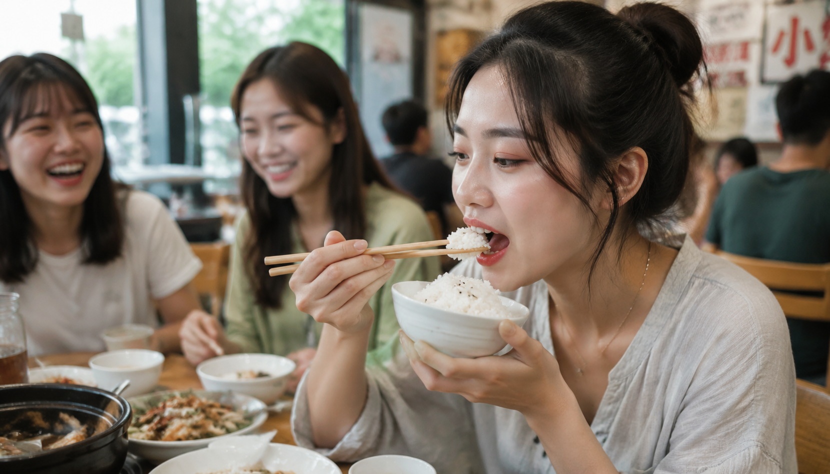 A Chinese woman eating rice with chopsticks at a restaurant, showing proper use of chopsticks for rice.
