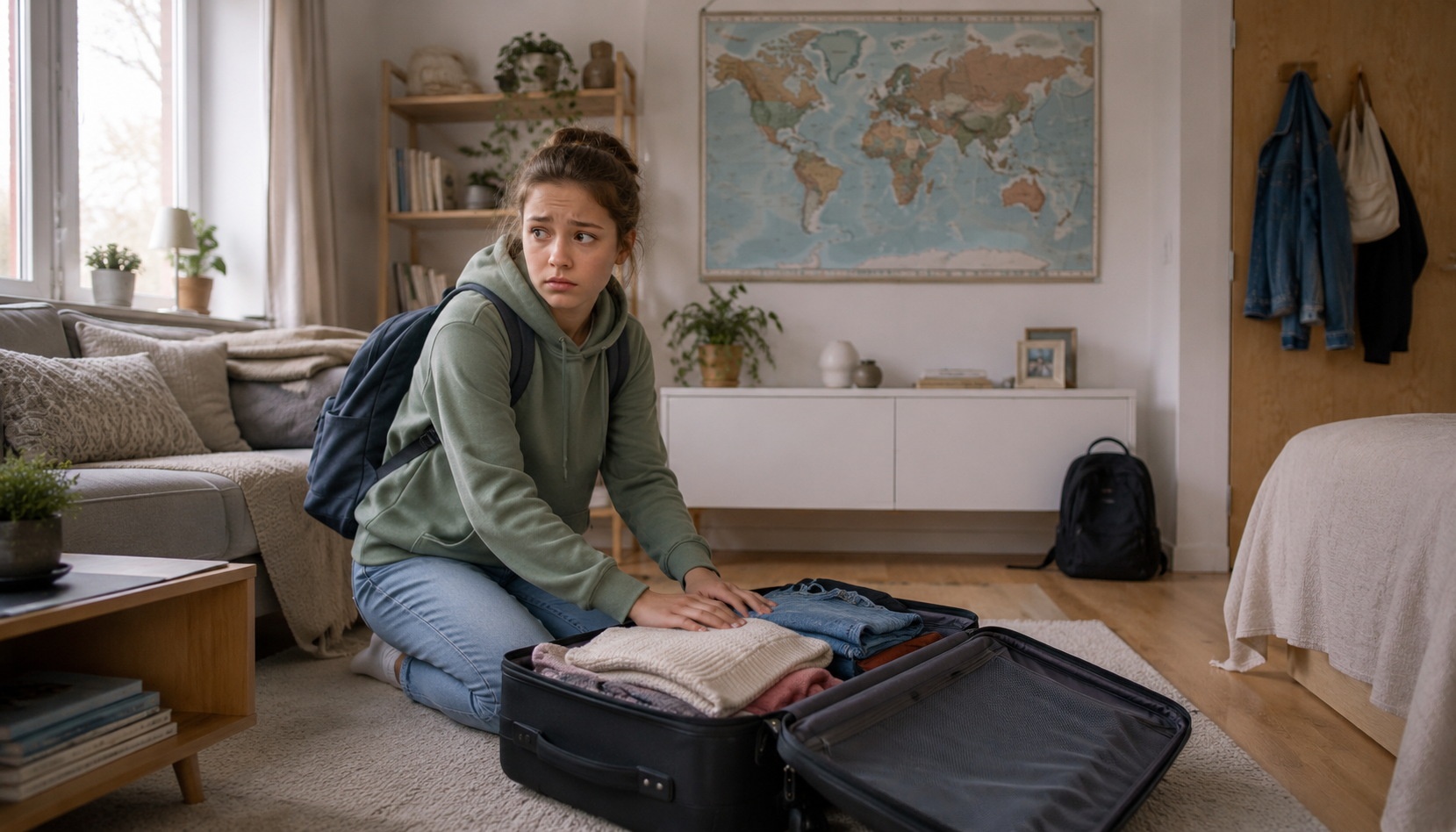 Teenage Norwegian girl packing for China trip, looking nervous at home