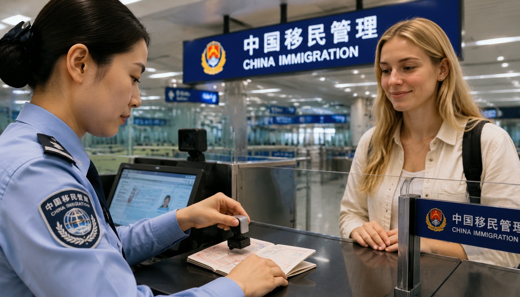 Chinese immigration officer stamps passport for Nordic traveler at Shanghai airport