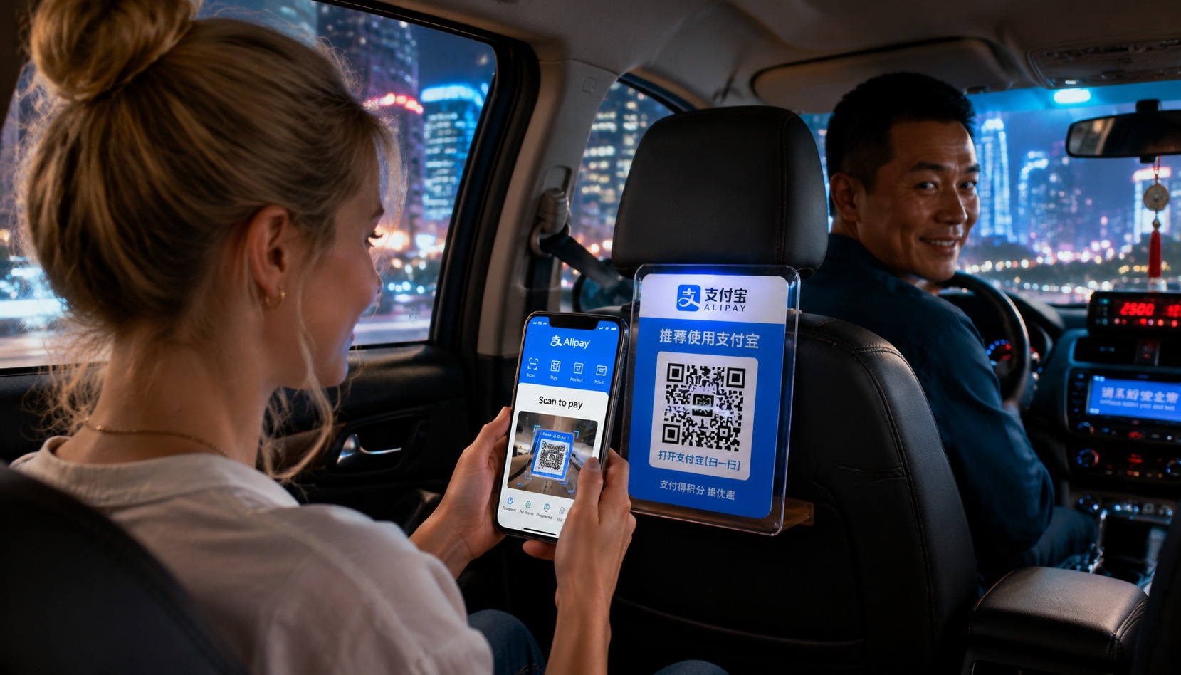 Young Nordic tourist paying taxi fare with Alipay mobile payment in Shanghai