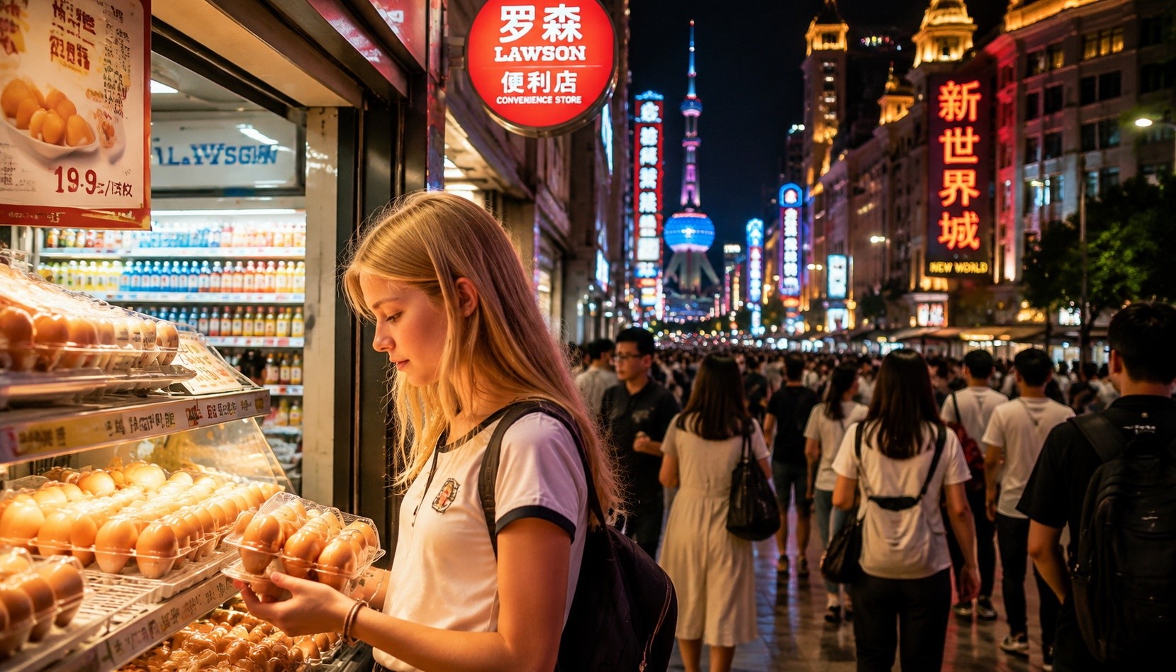 Teenager looking at loose eggs in a Shanghai convenience store at night