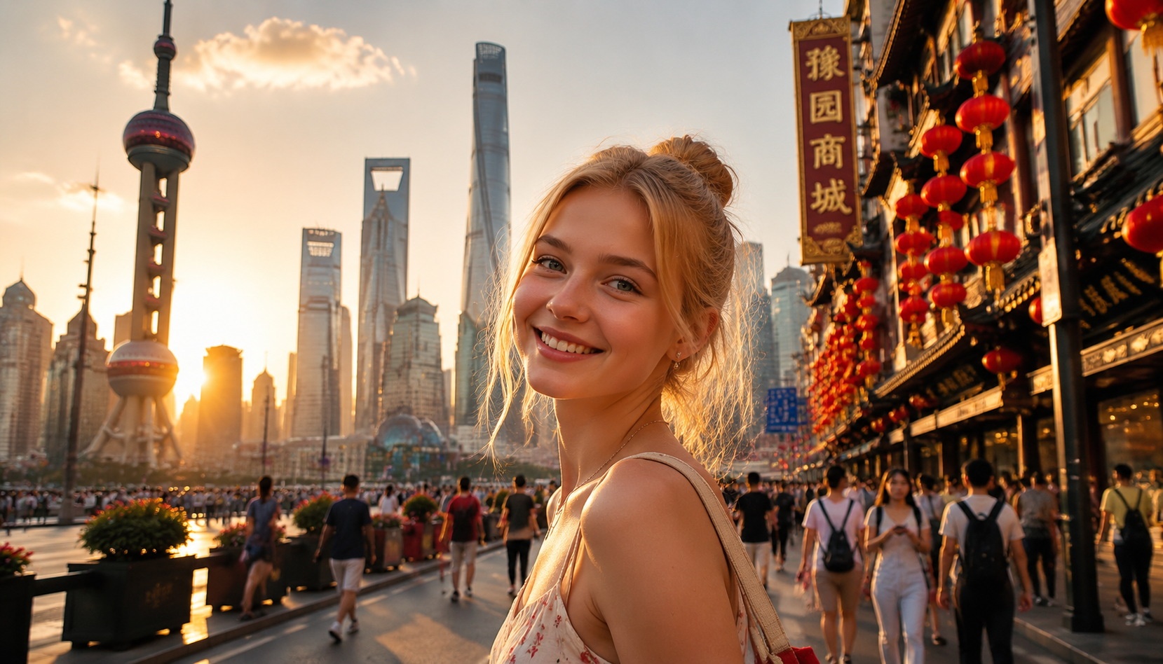 Happy teenage Nordic tourist smiling on a Shanghai street with modern architecture
