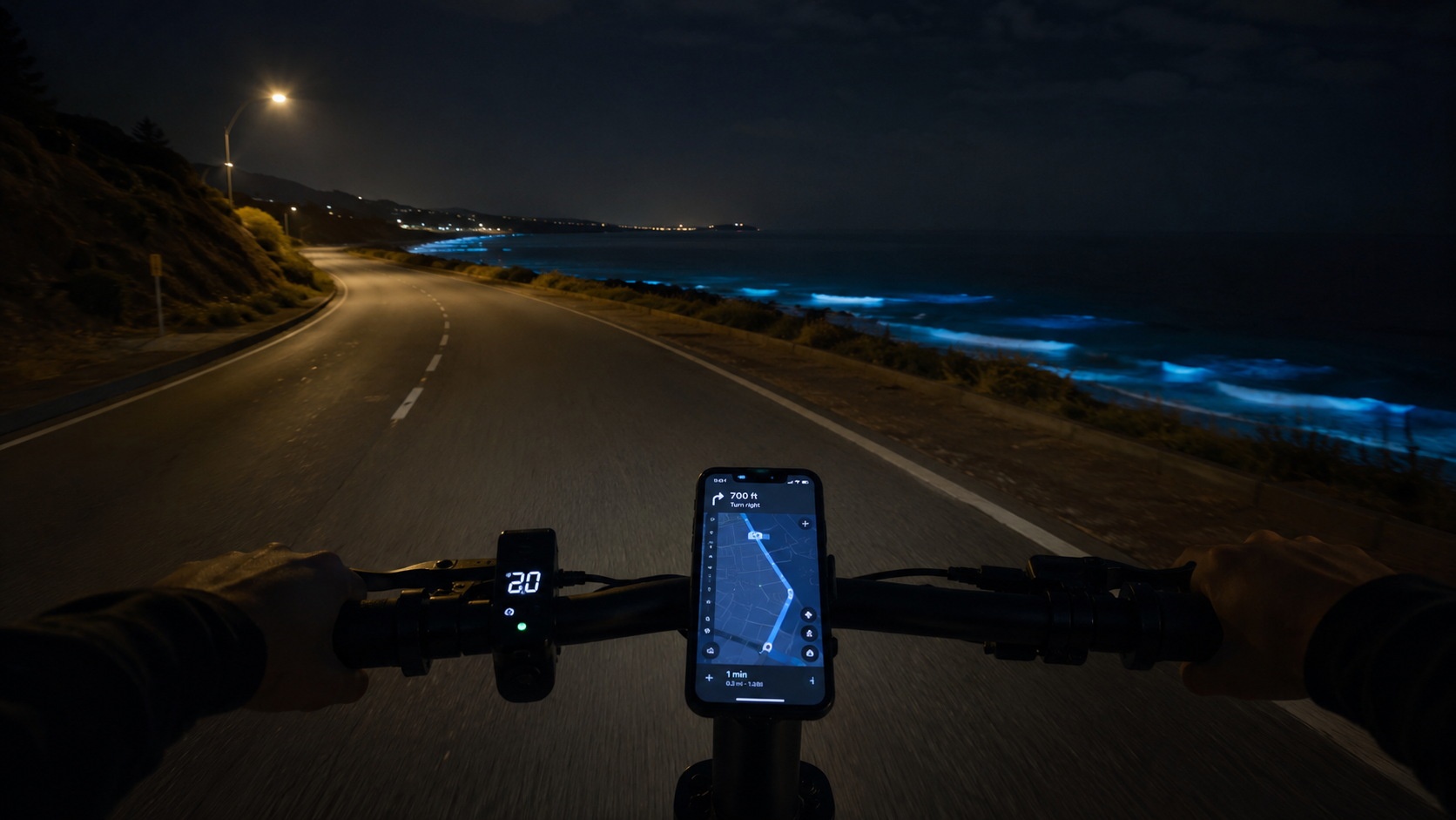 First-person view of riding an electric scooter on Pingtan Island's coastal road at night, chasing the blue glow of the sea.