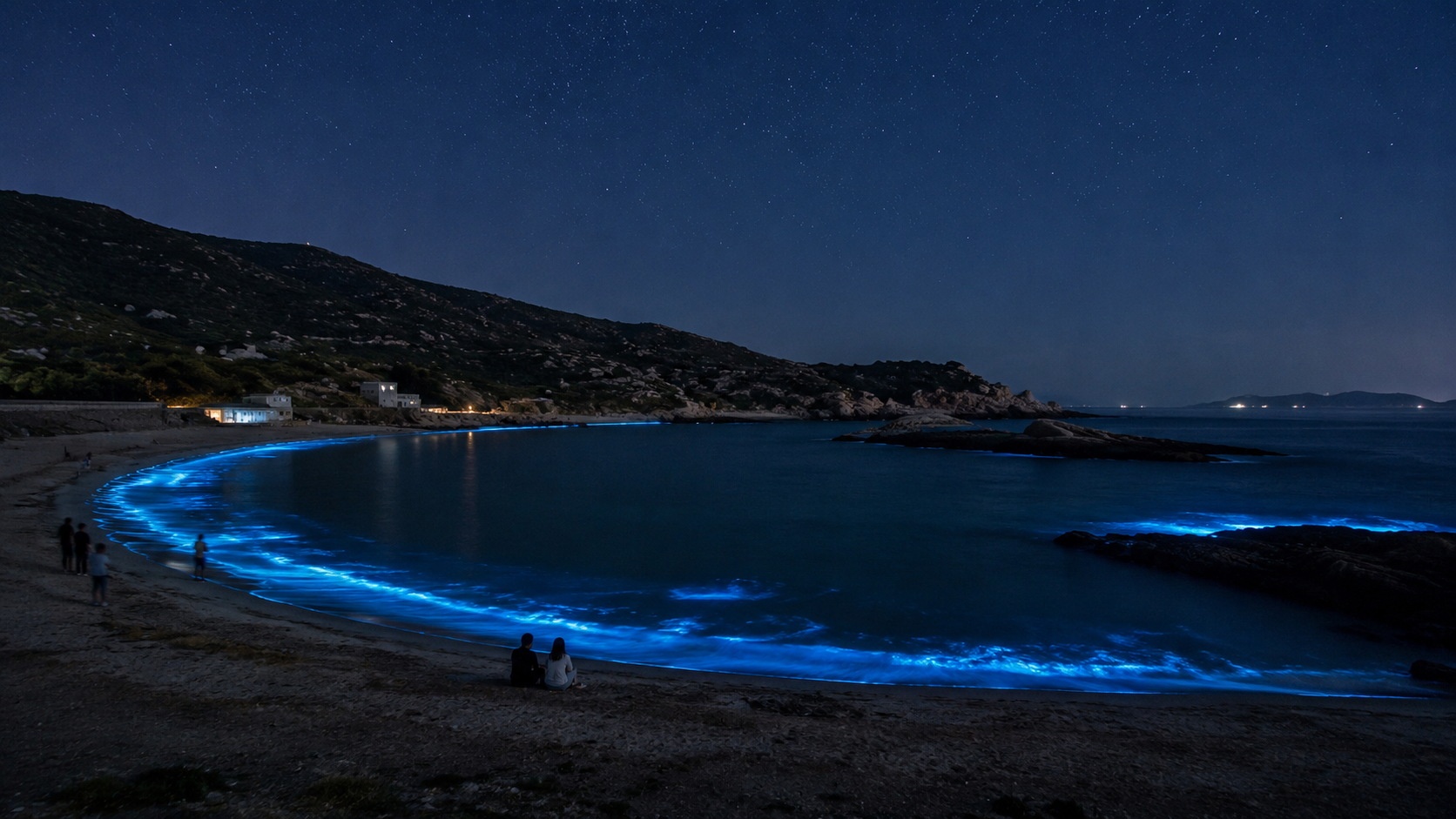Panoramic view of Cuizhuawan beach in Pingtan Island at night, with tourists watching the glowing blue waves under a starry sky.