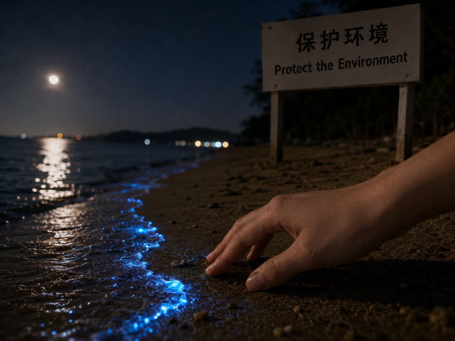 Tourist respecting nature while viewing bioluminescence in Pingtan, with a sign encouraging eco-friendly observation.