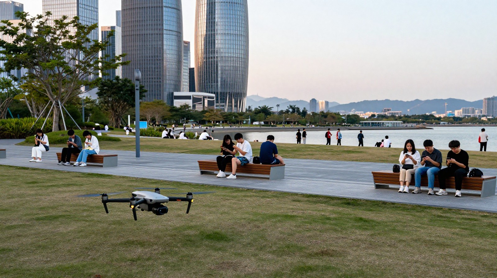 A modern urban park in Shenzhen where young people relax near the sea, with a drone taking off nearby, highlighting the blend of tech and lifestyle.