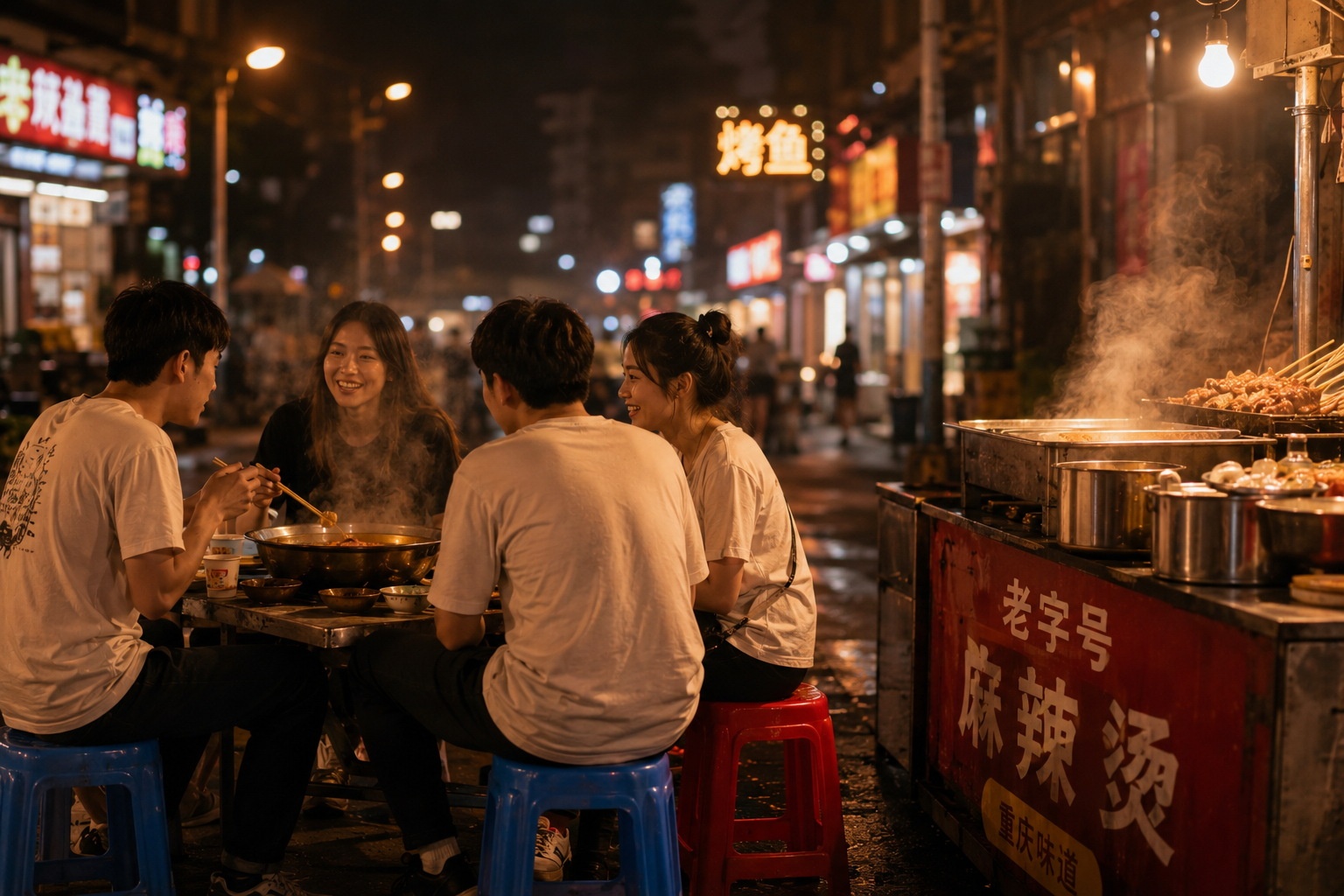 Young people enjoying spicy hotpot at a bustling street night market in Chongqing, highlighting the city's famous food culture and social lifestyle.