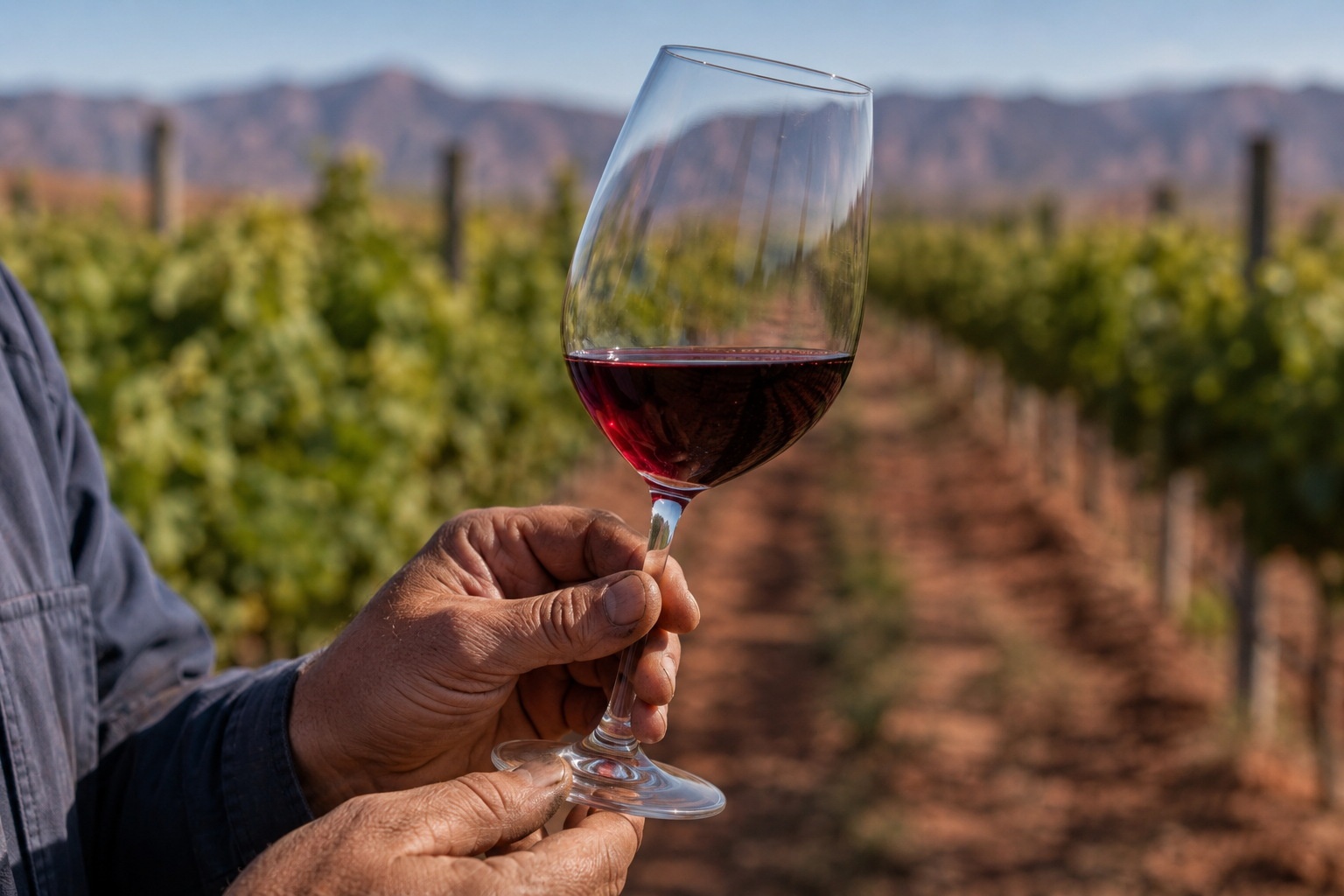 A close-up view of a winemaker holding a glass of red wine from Ningxia, China, with vineyard rows in the background.