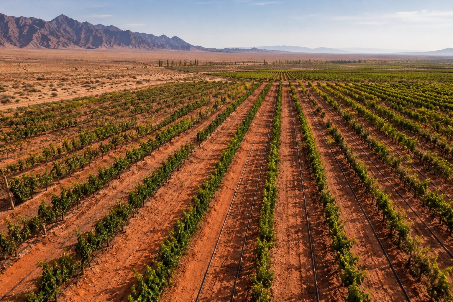 Aerial view of grapevines planted in the red sandy soil of Ningxia, China, showing the contrast between the desert environment and the agricultural land.