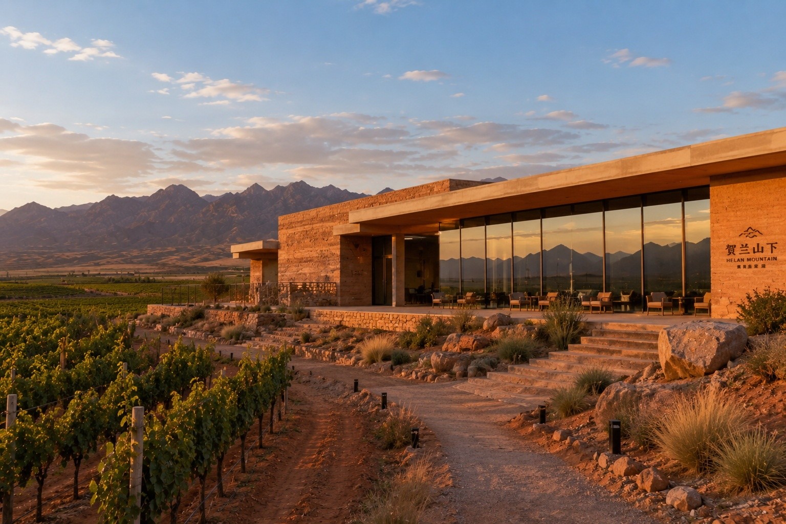 A modern wine tourism center in Ningxia, China, featuring modern architecture that blends with the desert landscape.