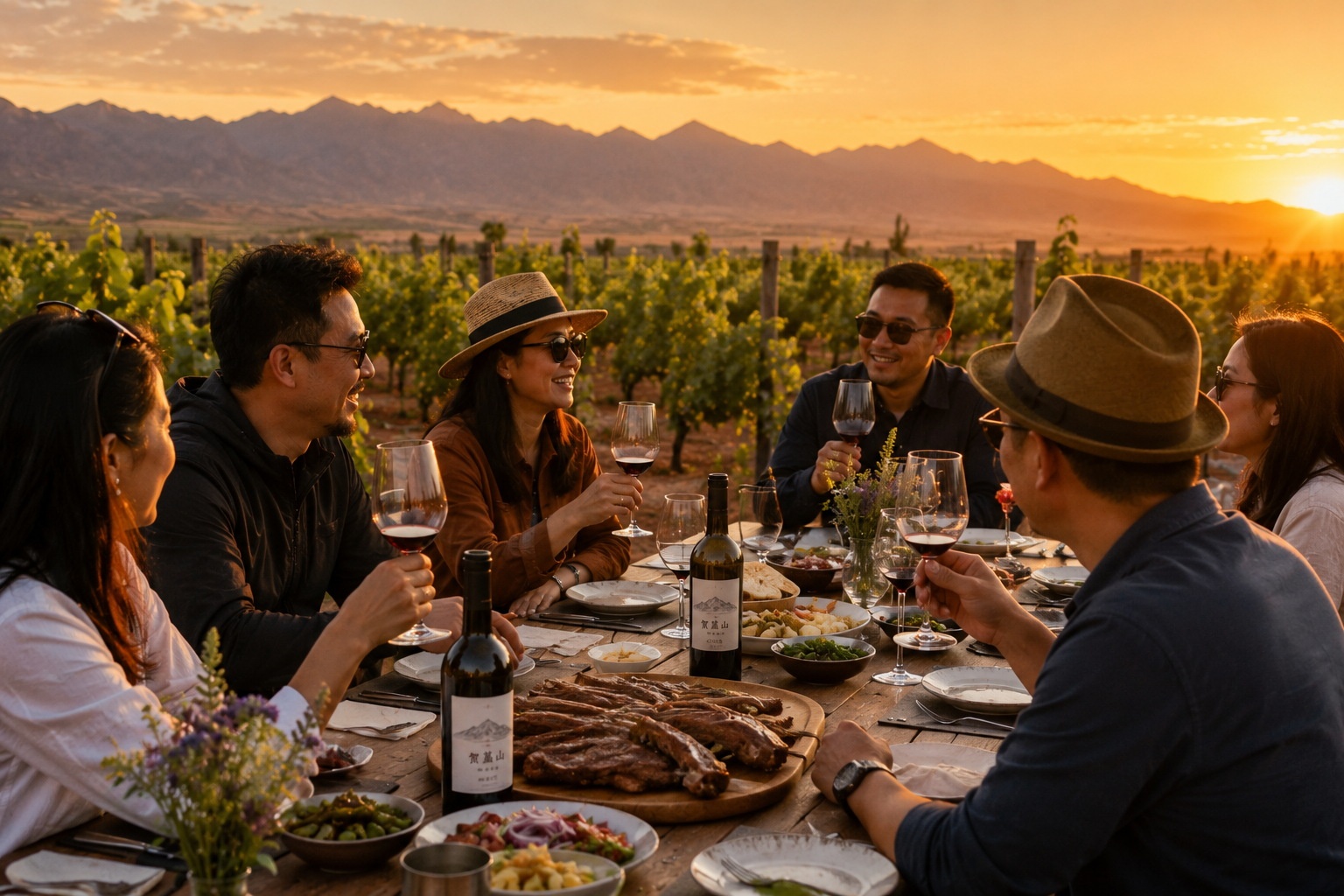 Tourists enjoying a wine tasting session with local food in a vineyard in Ningxia, China.