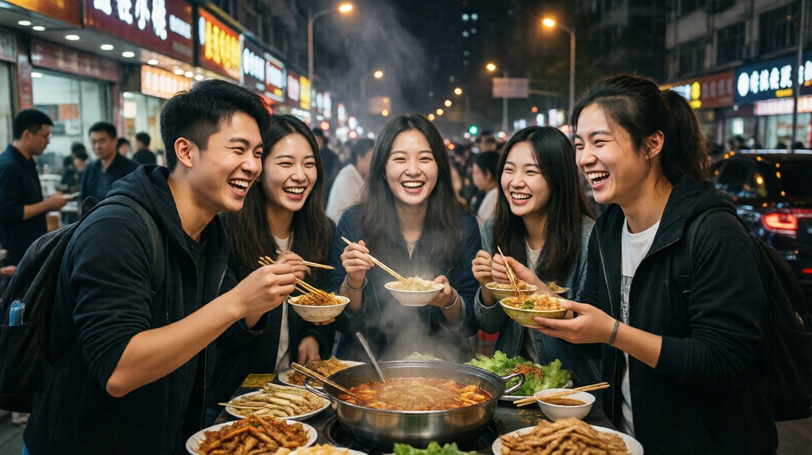 Chinese friends bonding over street food after a script-killing LARP session