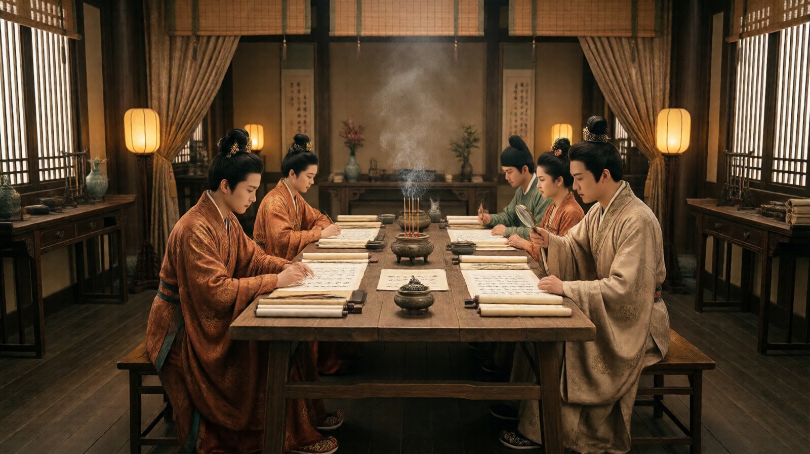 Chinese script-killing players in Tang dynasty costumes examining clues in a themed room