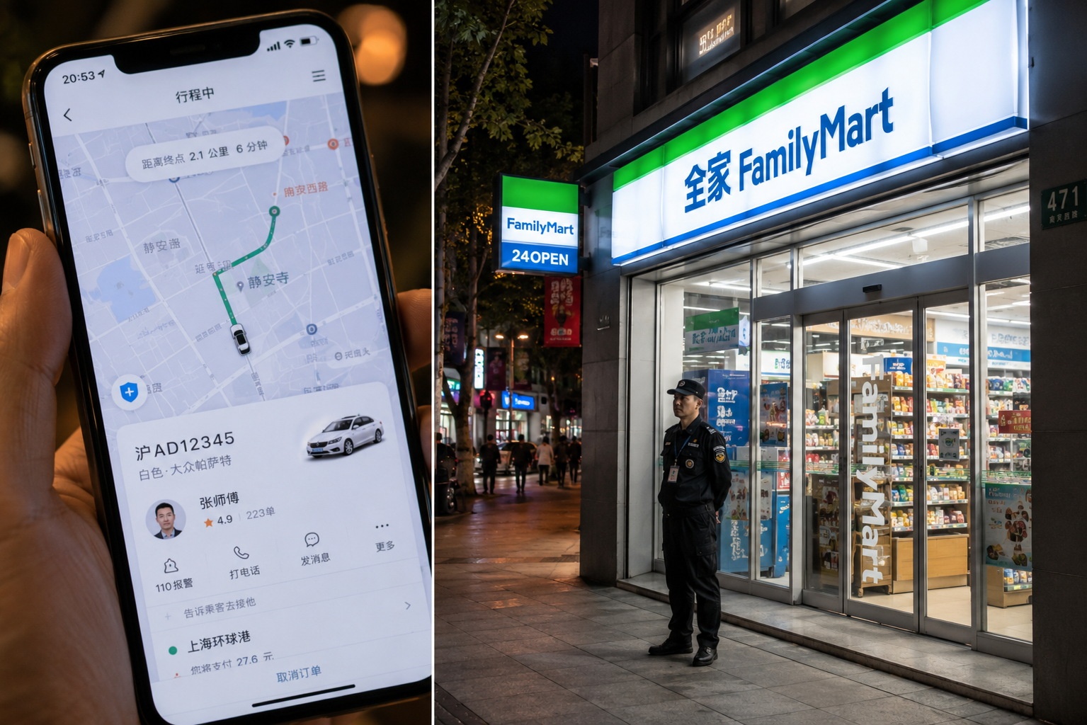 Smartphone showing ride-hailing app and a 24-hour convenience store in Shanghai at night