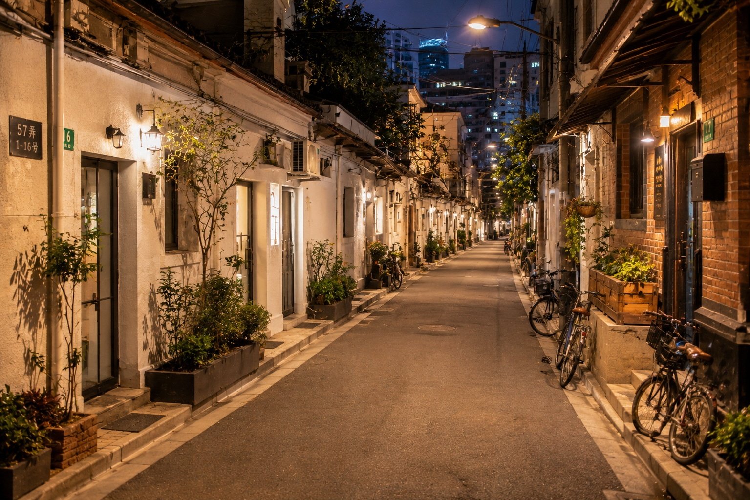 Well-lit residential alleyway in Shanghai at night, demonstrating urban safety and infrastructure