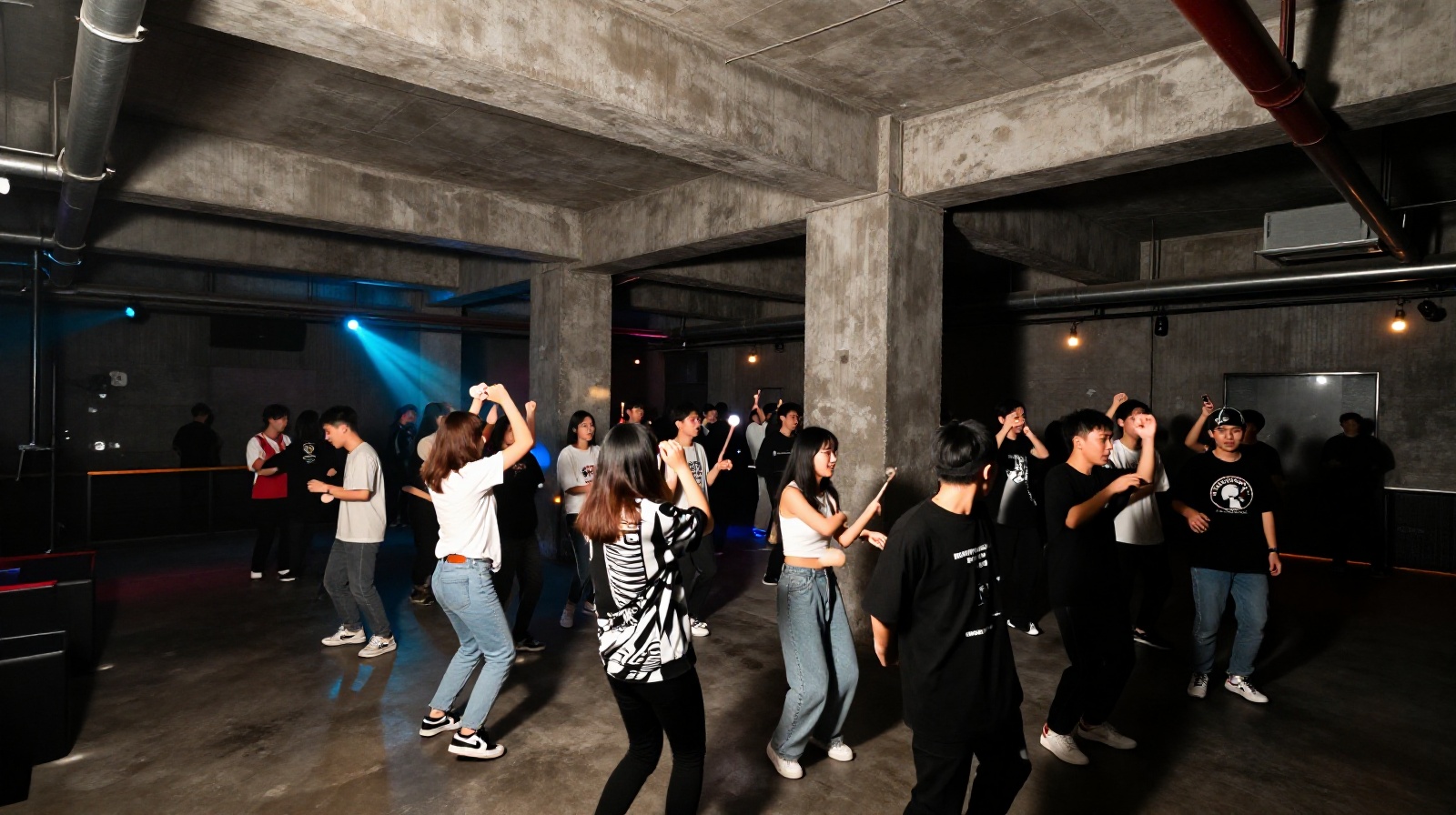Interior view of an industrial-style underground nightclub in Chongqing with exposed concrete and a crowd dancing.