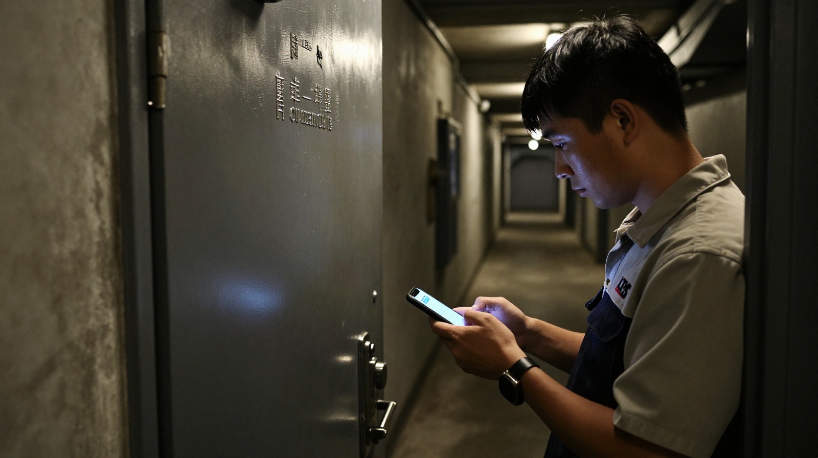A bouncer guarding the entrance to a hidden underground venue in a Chongqing basement.