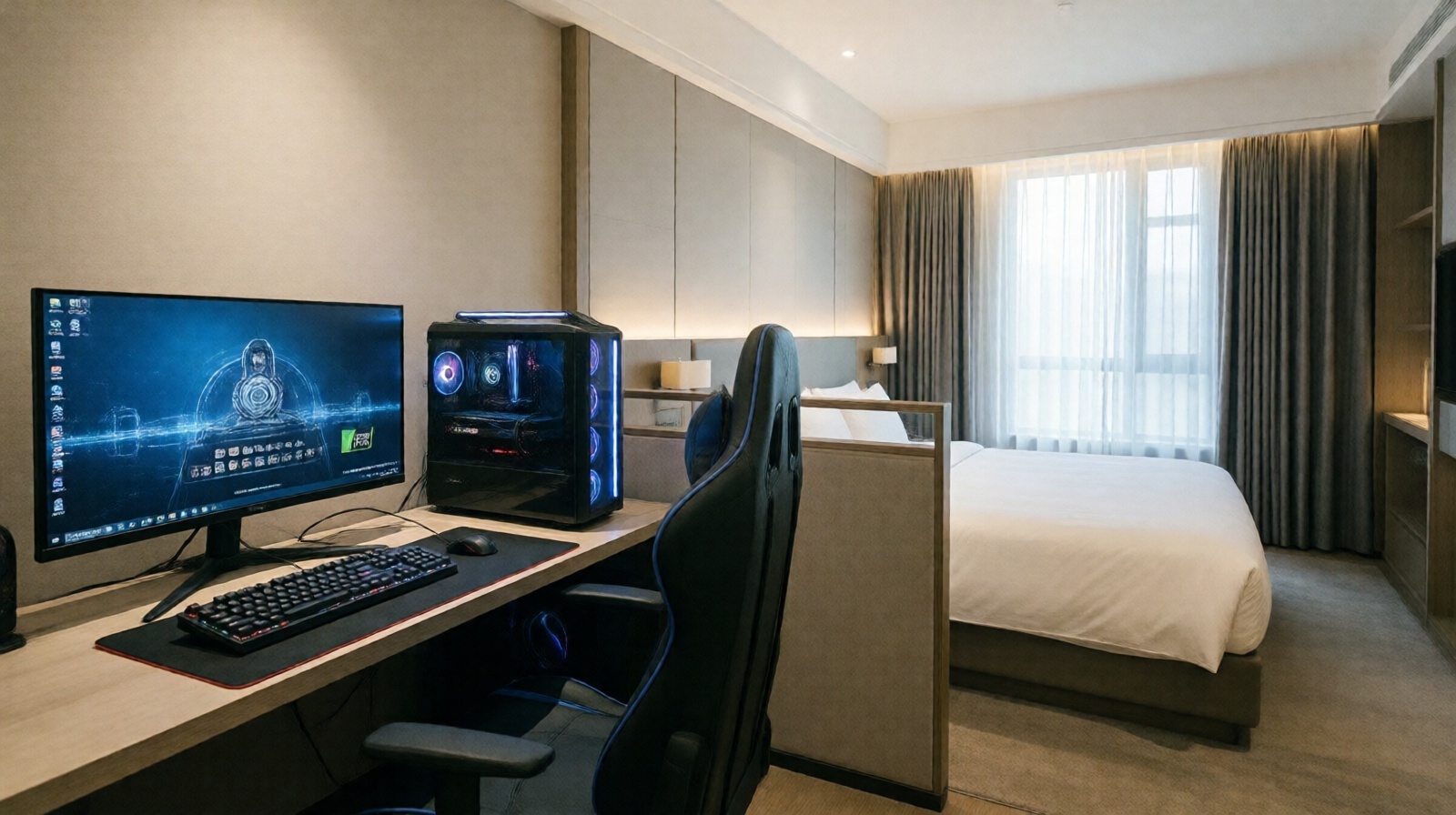 Interior of a modern e-sports hotel room featuring dual gaming setups with high-end PCs and separate sleeping area