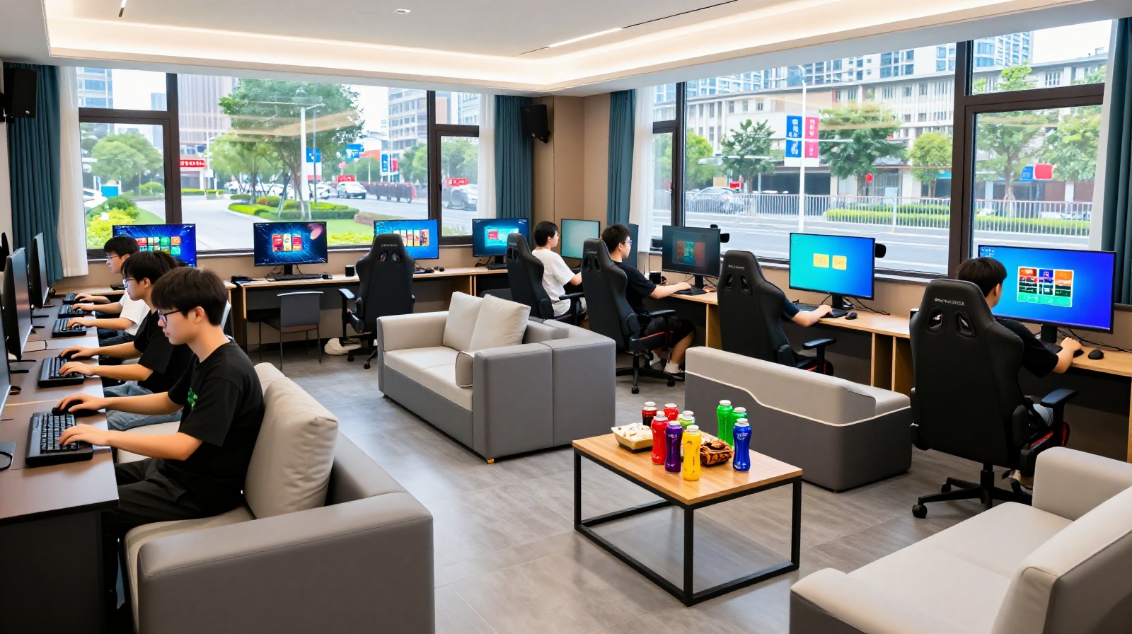 Guests socializing and playing games in the shared lounge area of an e-sports hotel