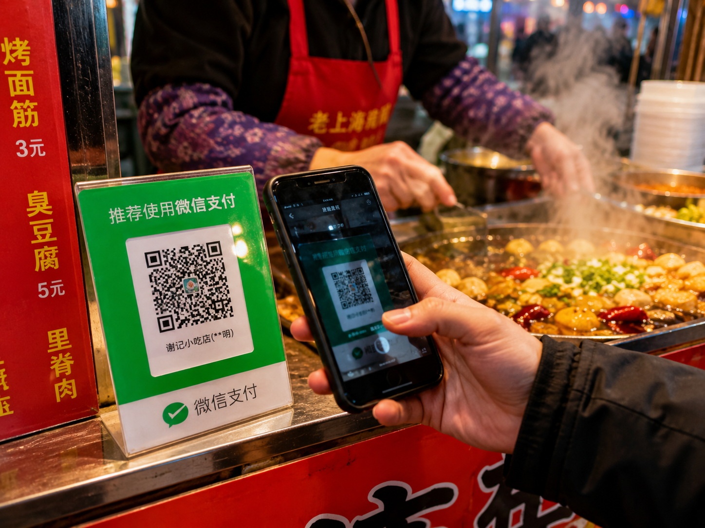 A tourist scanning a payment QR code at a busy street food vendor in China.