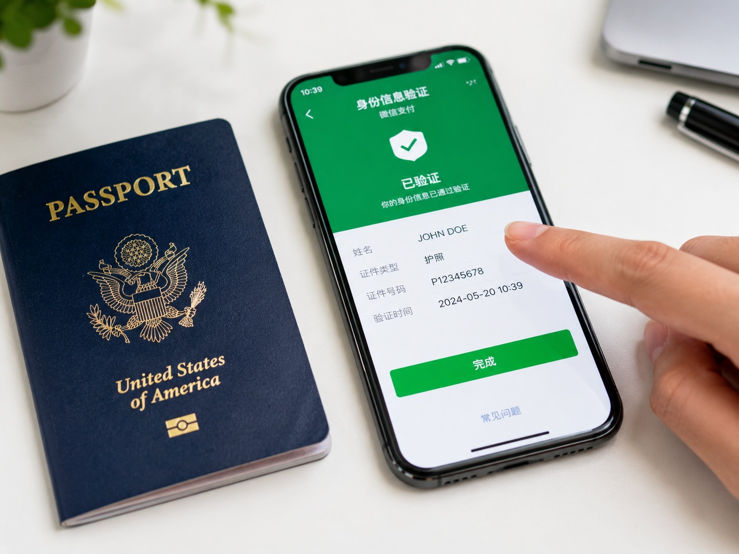 Foreigner using a smartphone to verify identity for WeChat Pay or Alipay with their passport.