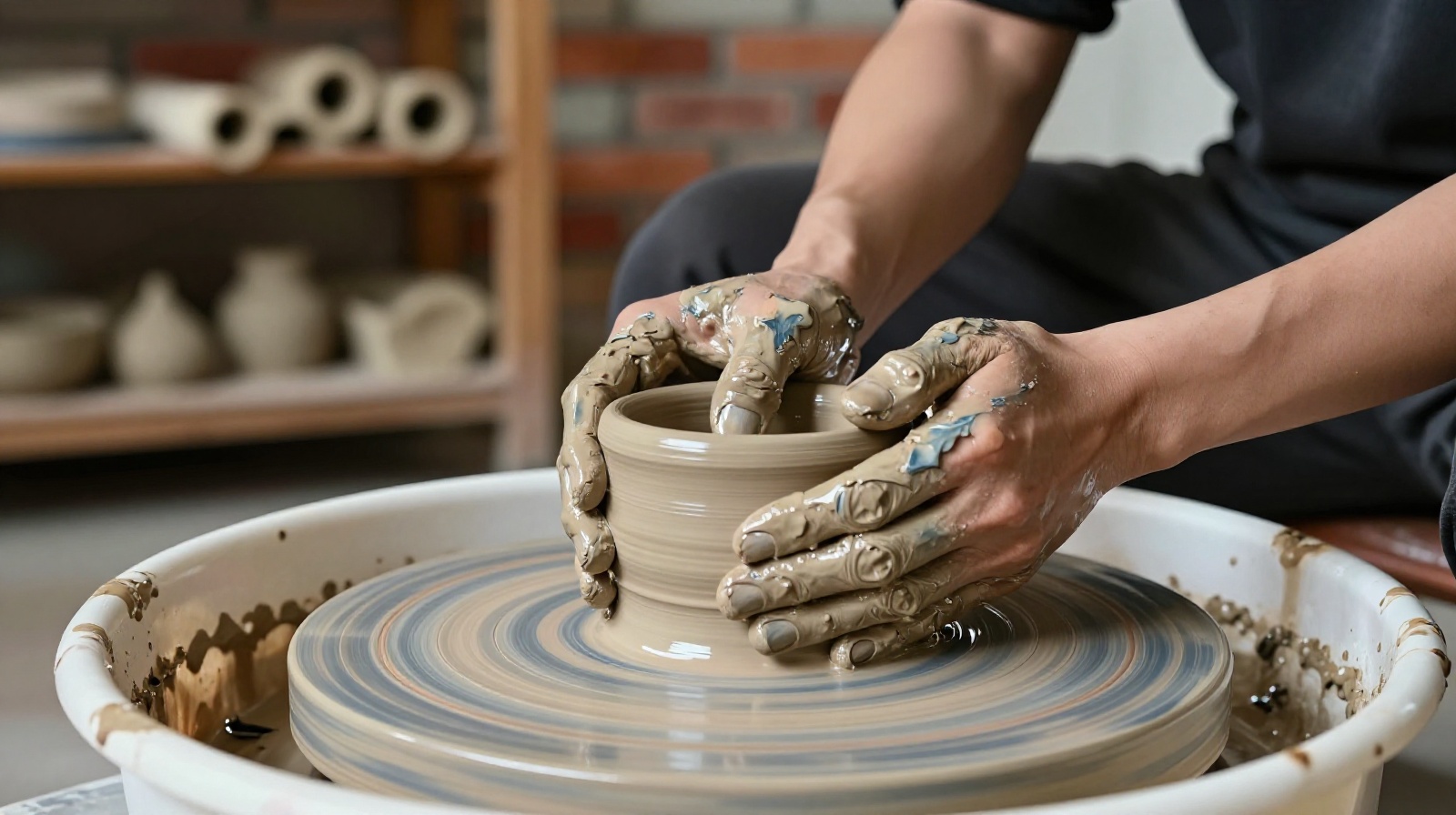 Hands of a young artisan shaping wet clay on a pottery wheel in a rustic village studio.