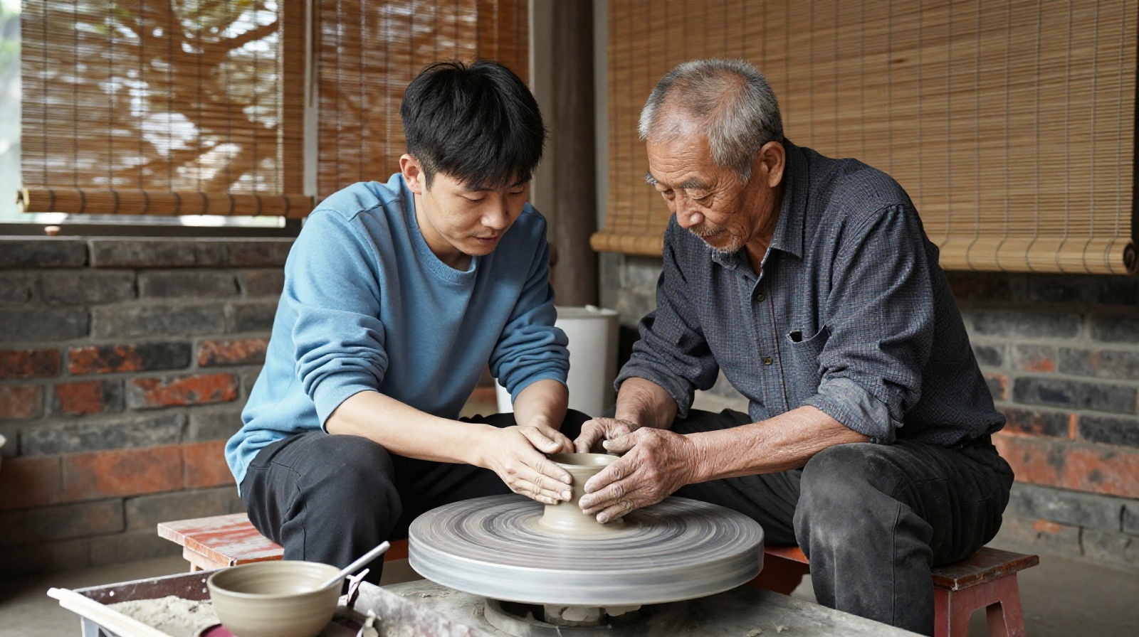 An elderly master potter guiding a young apprentice in traditional pottery making in a Chinese village.