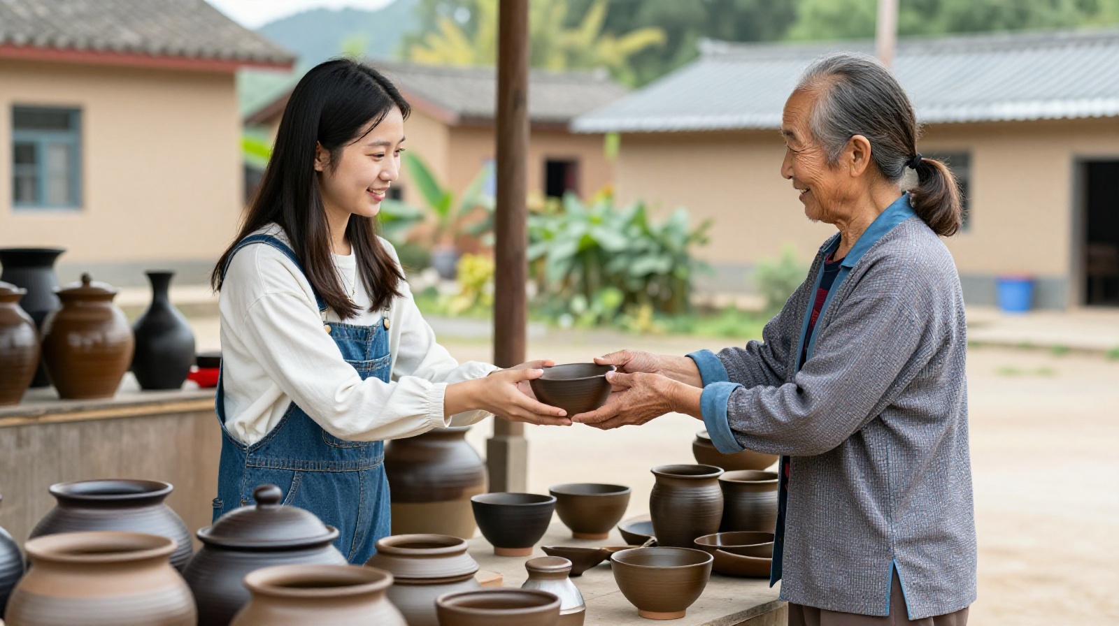 A young potter selling handmade ceramics to a local villager at a rural market in China.
