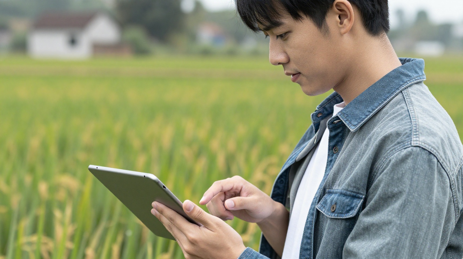 A young Chinese farmer using a tablet to monitor crop data in a rice field, blending technology with traditional agriculture.